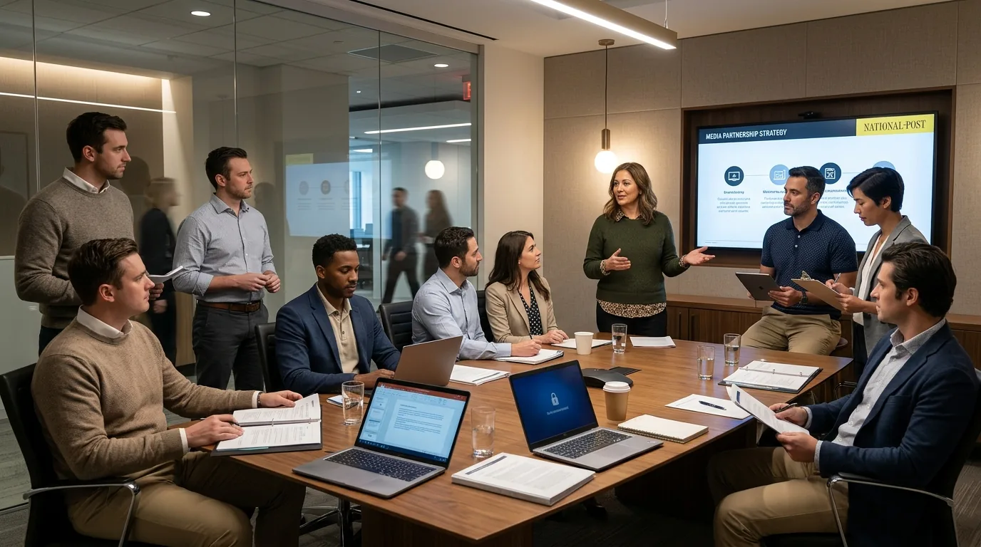 Business team reviewing a National Post media partnership strategy in a conference room.