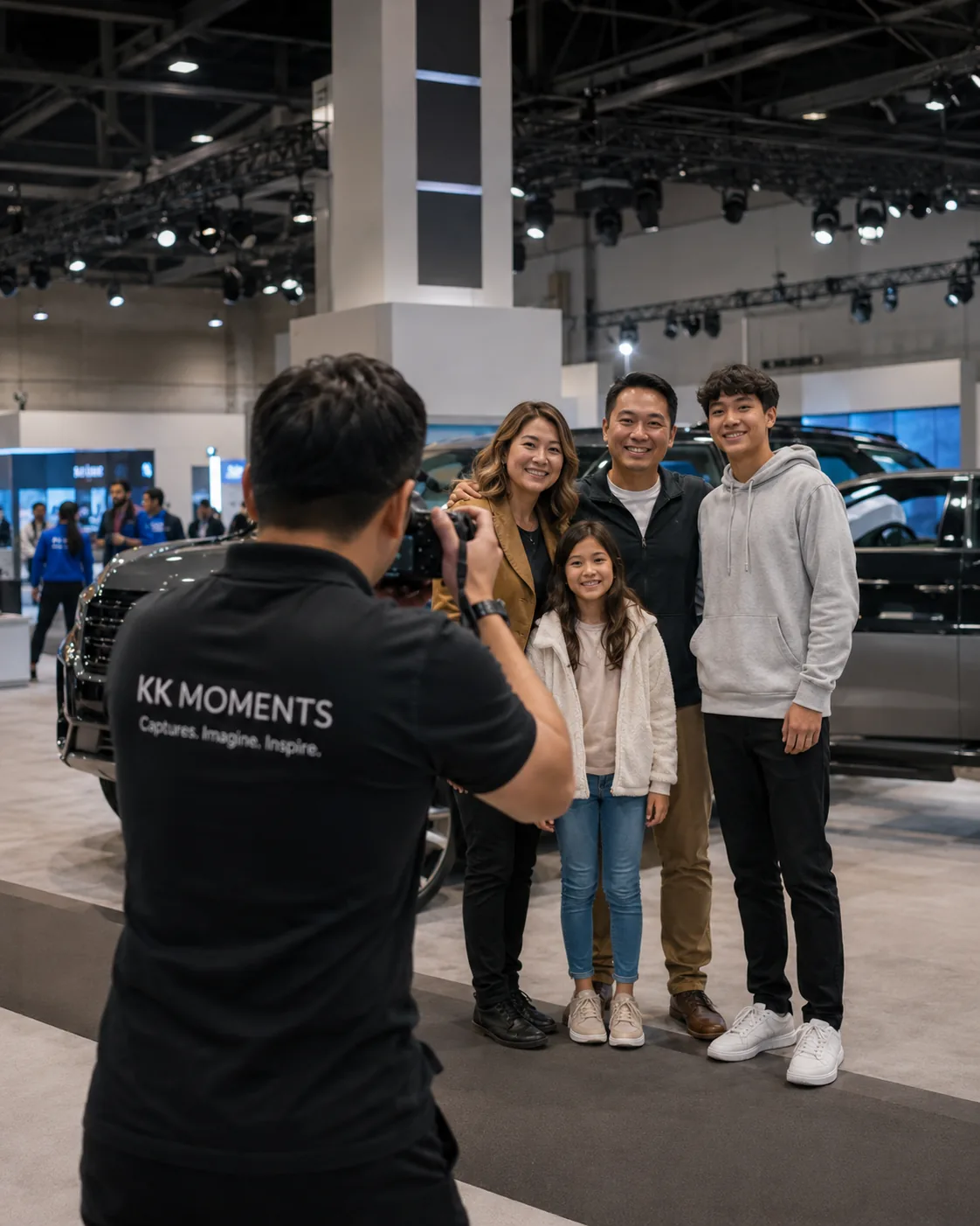 KK Moments photographer capturing a family portrait at a Canadian automotive exhibition.