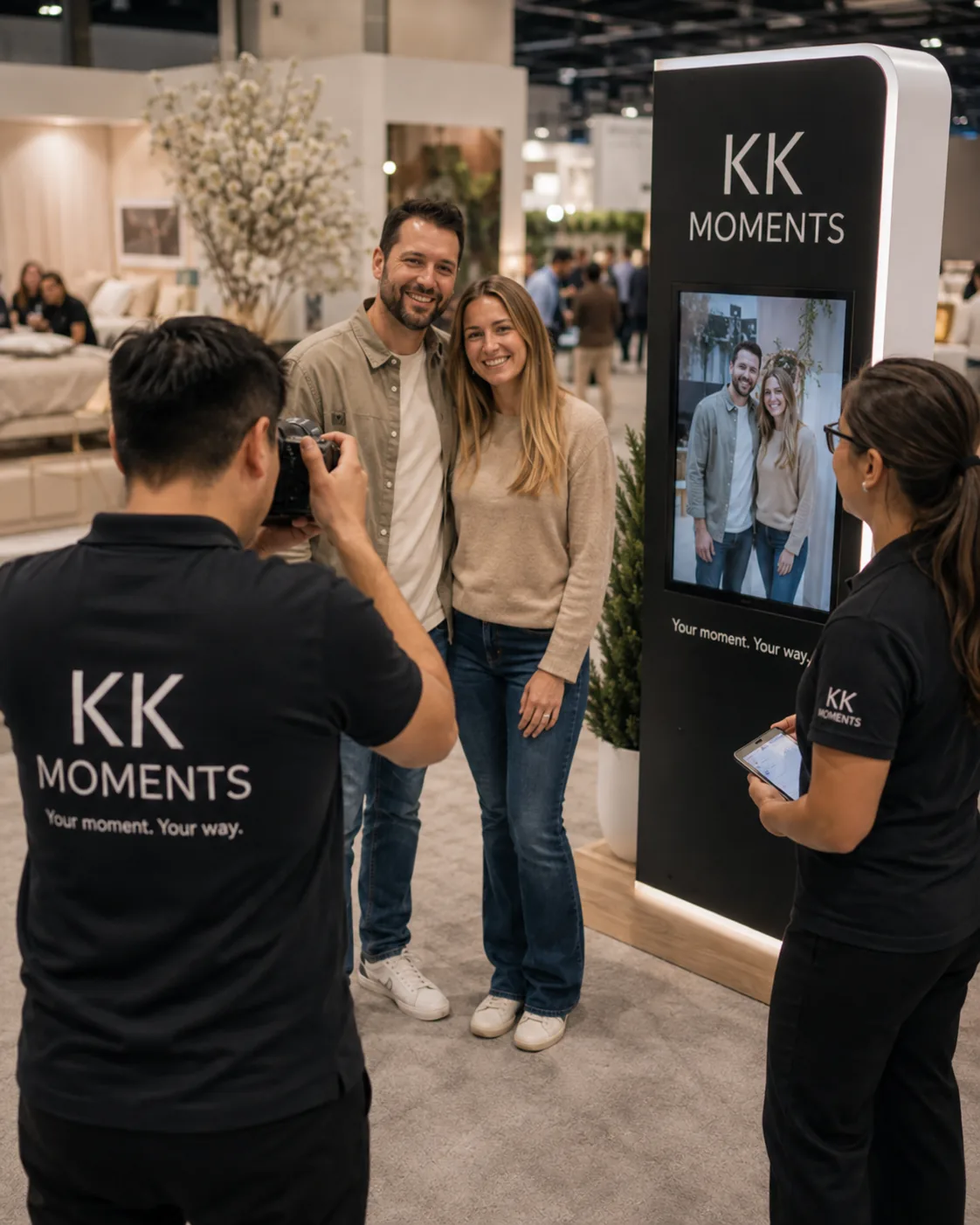 Visitors posing for a photograph at a KK Moments experience booth.