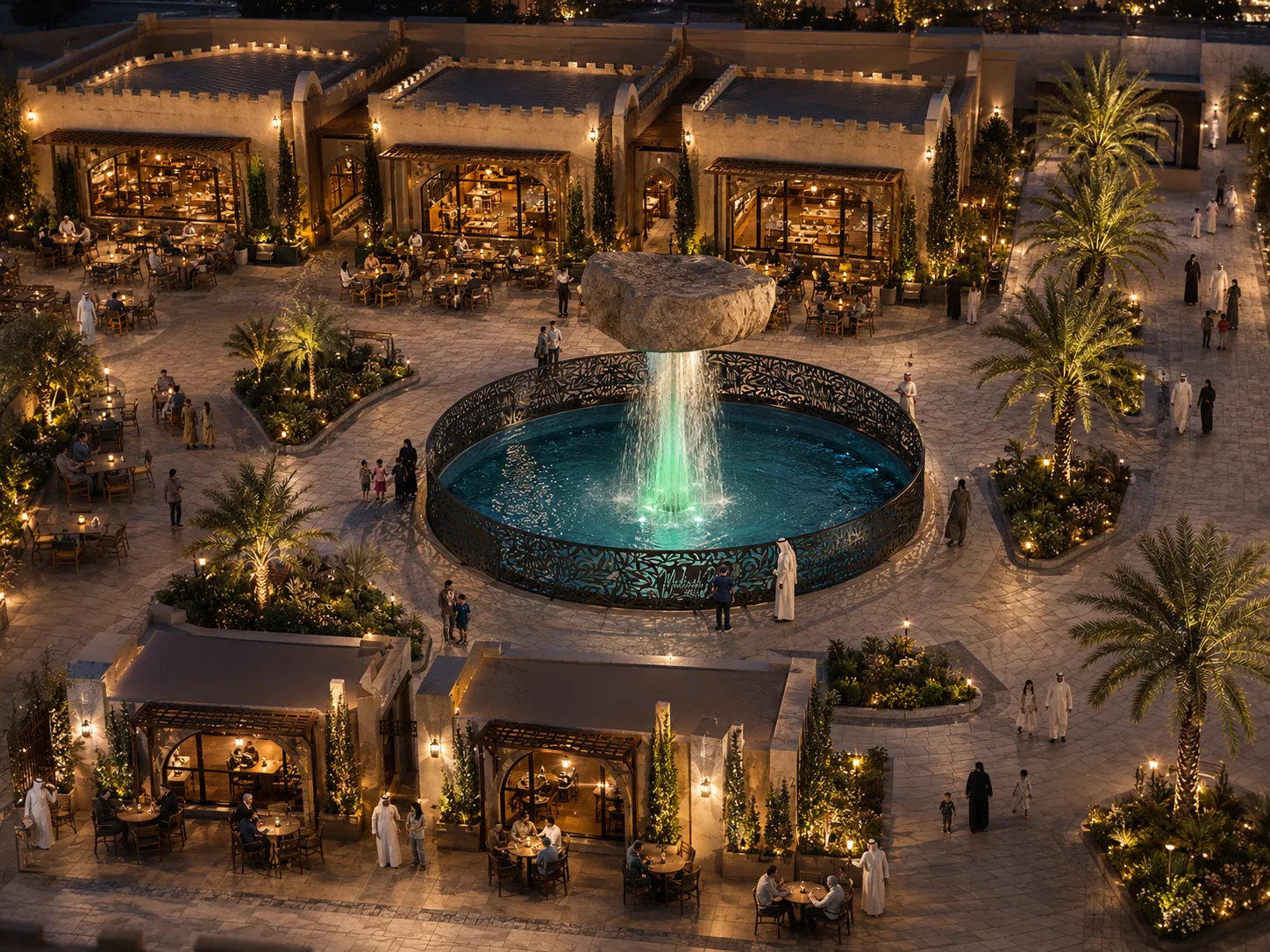 Madinah Pavilion operating courtyard with cafes, outdoor seating, landscaping and visitors.