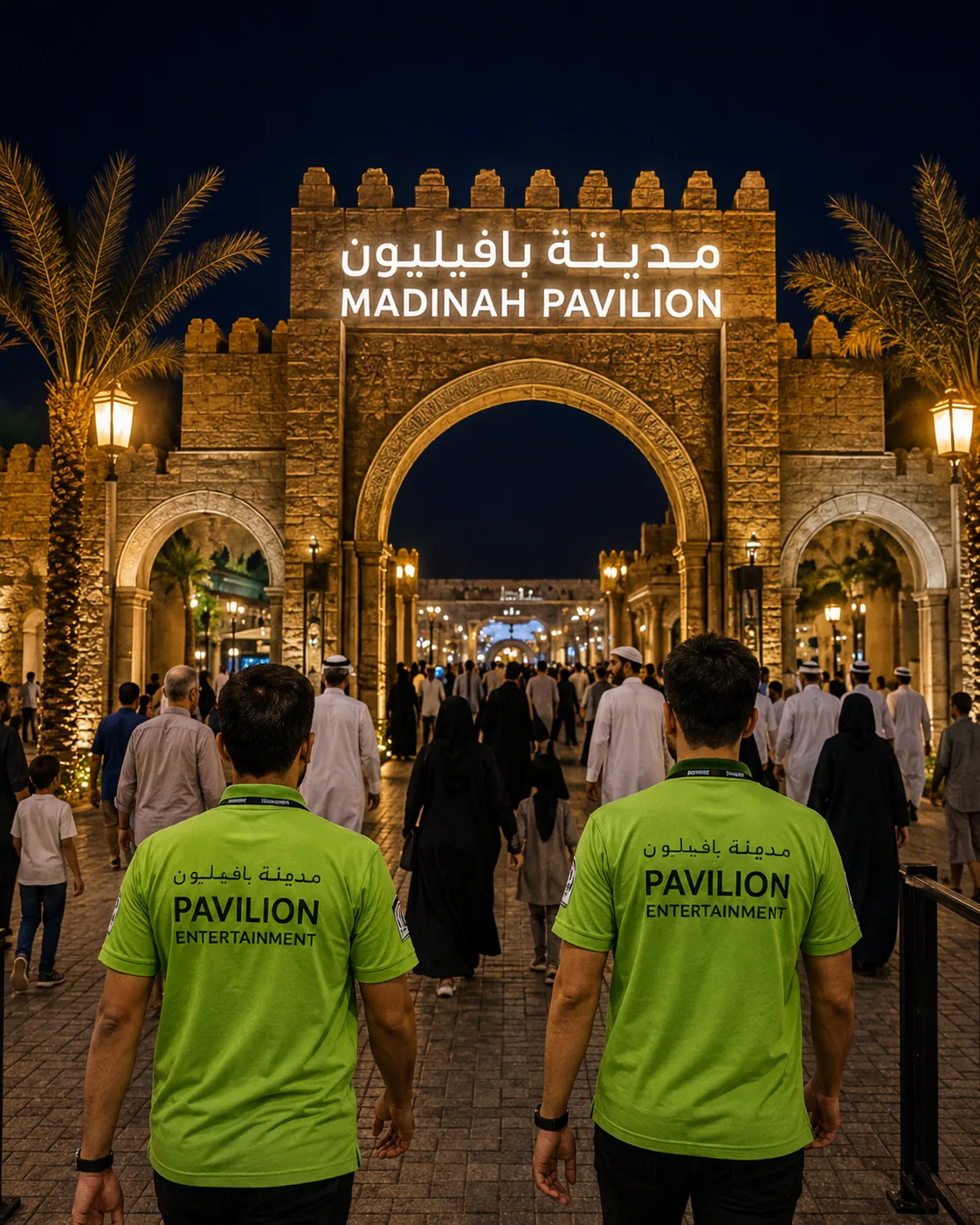 Visitors entering Madinah Pavilion beneath illuminated arches at night.