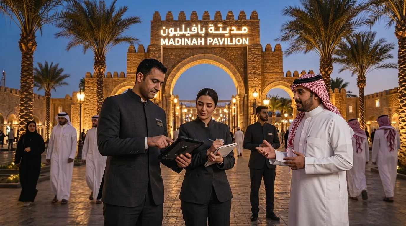 Madinah Pavilion staff working with visitors near the entrance at dusk.