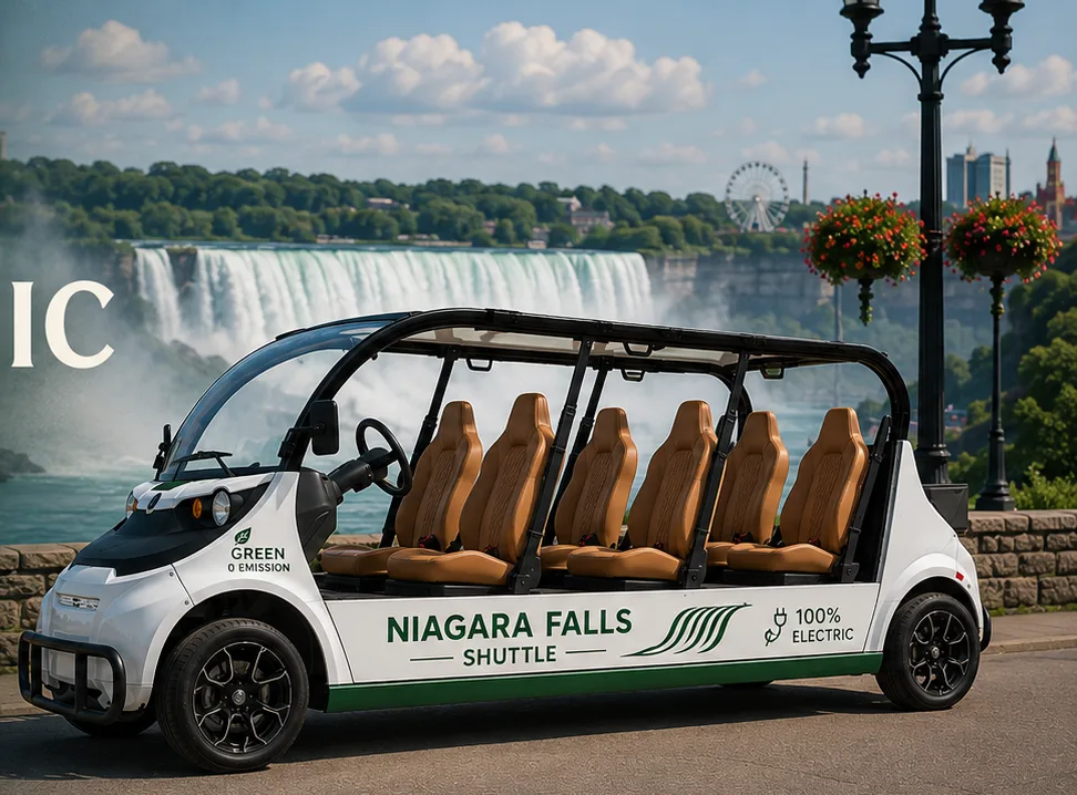 Proposed open-air electric Niagara Falls scenic shuttle beside the Falls.
